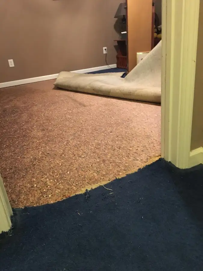 Carpet pad removal revealing water damage during Drying & Dehumidification in Ralston
